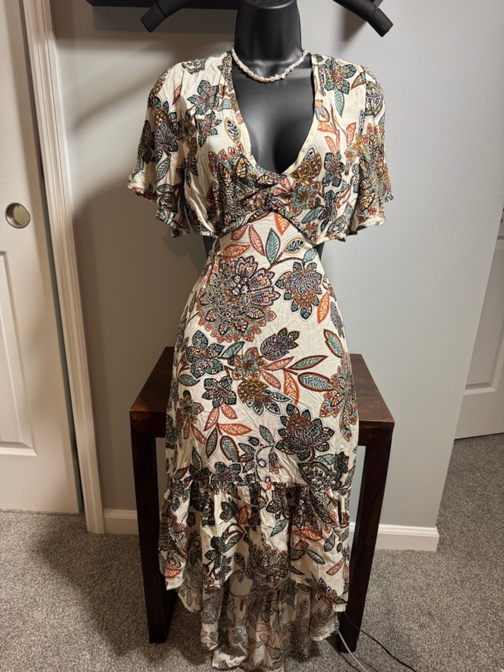 SOLD**Boho V-Neck High-Low Maxi Dress in Cream with Multi Floral Print